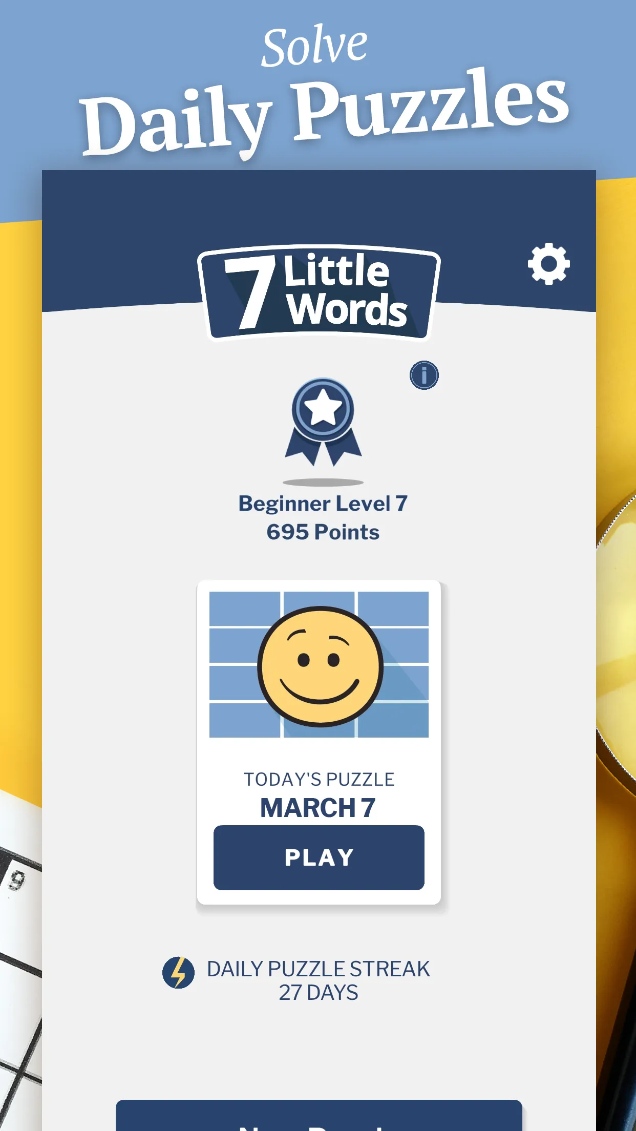 7 Little Words app screen with today's daily puzzle and a daily puzzle streak