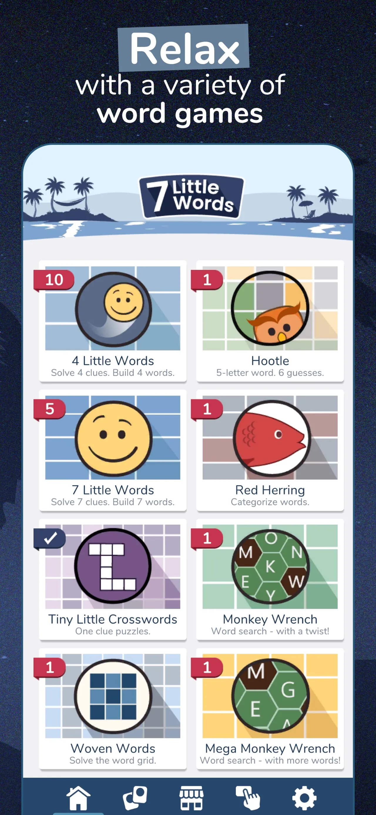 7 Little Words and More app menu with 7 Little Words, 4 Little Words, Hootle, Red Herring and other daily games