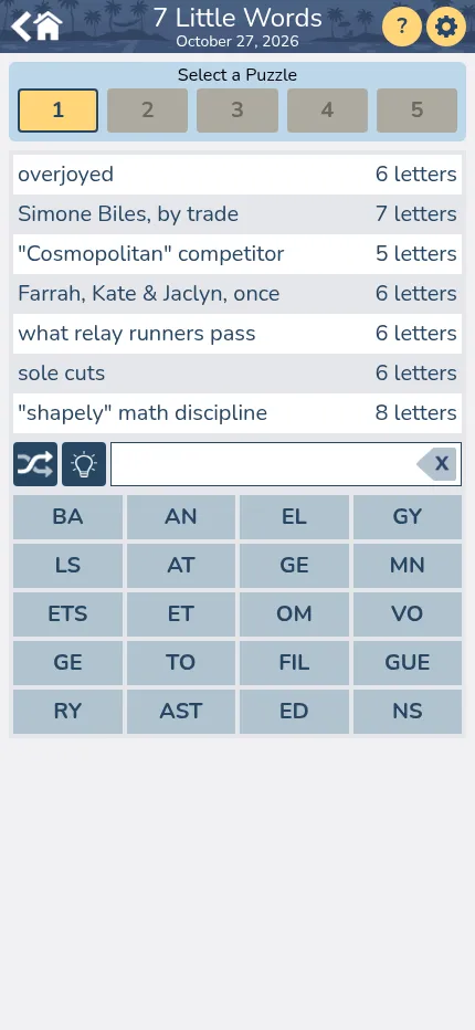 The same 7 Little Words puzzle of 27 October 2026 at phone size, with the five puzzle buttons, seven clues and the 20 tiles in a four-column tray