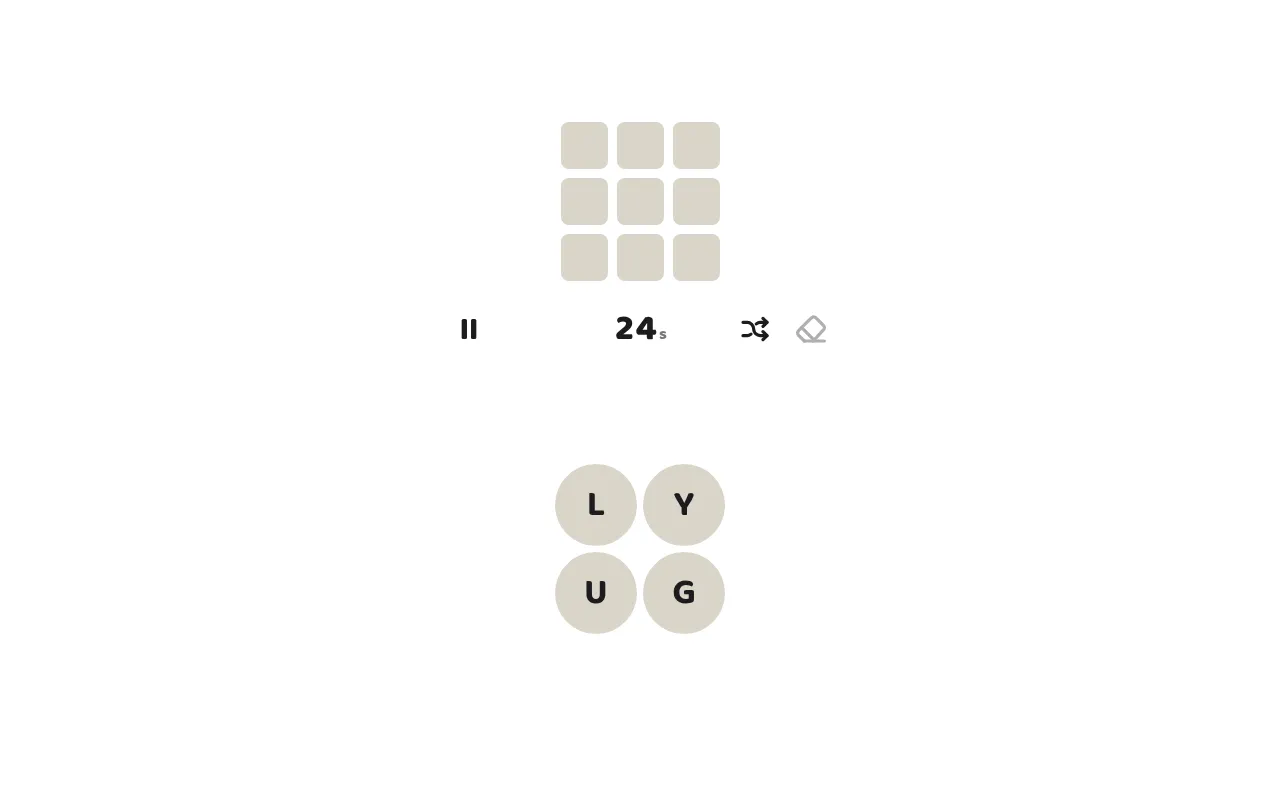 9 Words in play: a three-by-three tracker of solved words, a 24-second clock, and the letters L, Y, U and G to unscramble
