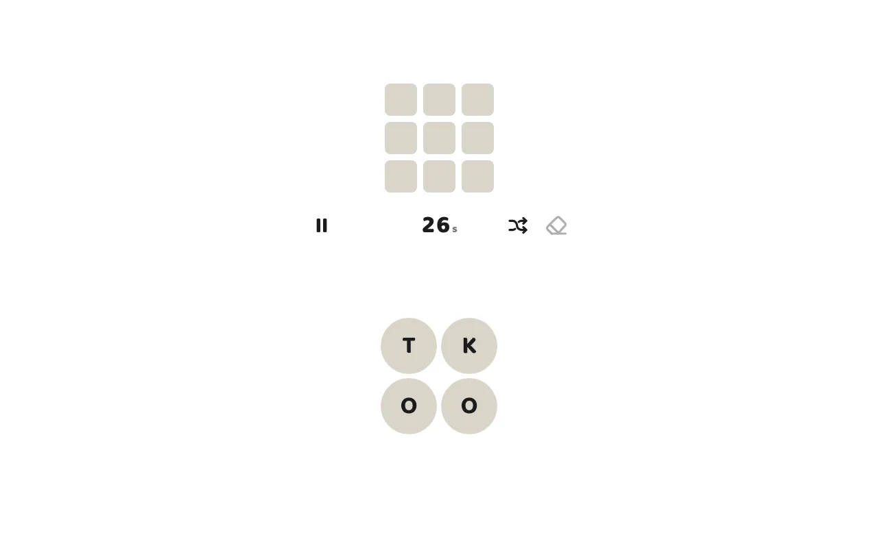 9 Words on 18 October 2026: the empty three-by-three tracker, a 26-second clock, and the letters T, K, O and O to unscramble