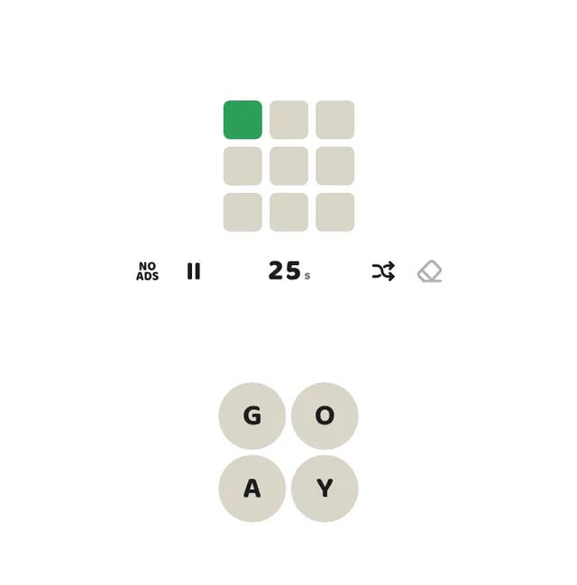 9 Words on 19 October 2026: the first of nine words solved (a green square in the tracker), 25 seconds left and the letters G, O, A and Y to unscramble