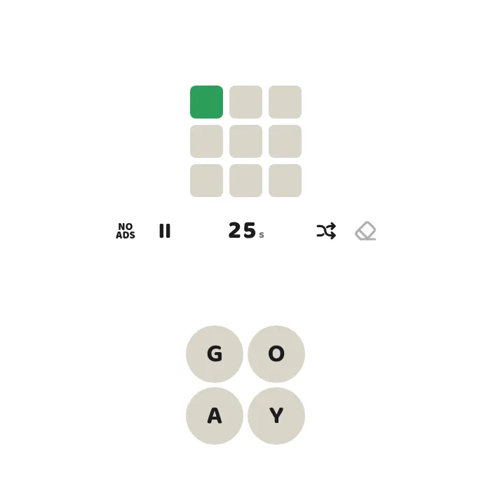 9 Words on 19 October 2026: the first of nine words solved (a green square in the tracker), 25 seconds left and the letters G, O, A and Y to unscramble