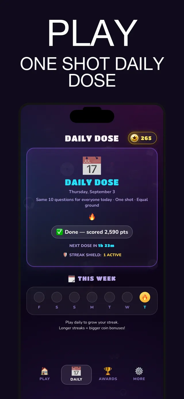 90s Trivia Quiz store picture: the Daily Dose screen for Thursday, September 3, 'Same 10 questions for everyone today, one shot', a score of 2,590 points, the next dose countdown and a week of streak