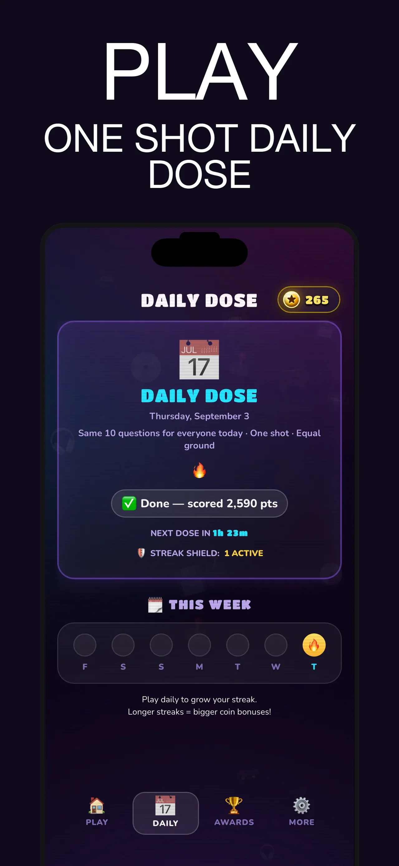 90s Trivia Quiz store picture: the Daily Dose screen for Thursday, September 3, 'Same 10 questions for everyone today, one shot', a score of 2,590 points, the next dose countdown and a week of streak