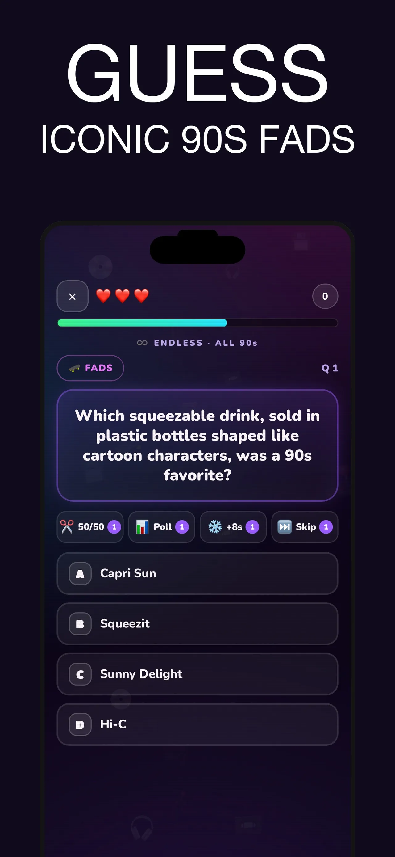 90s Trivia Quiz store picture: a Fads question in Endless mode asking which squeezable drink came in cartoon-shaped bottles, with four answers