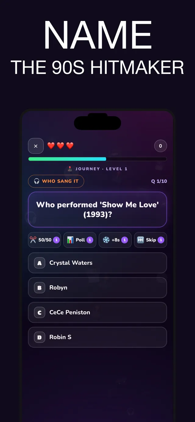 90s Trivia Quiz store picture of a question in play: 'Who performed Show Me Love (1993)?' in the Who Sang It category, with four answers and the 50/50, Poll, +8s and Skip lifelines
