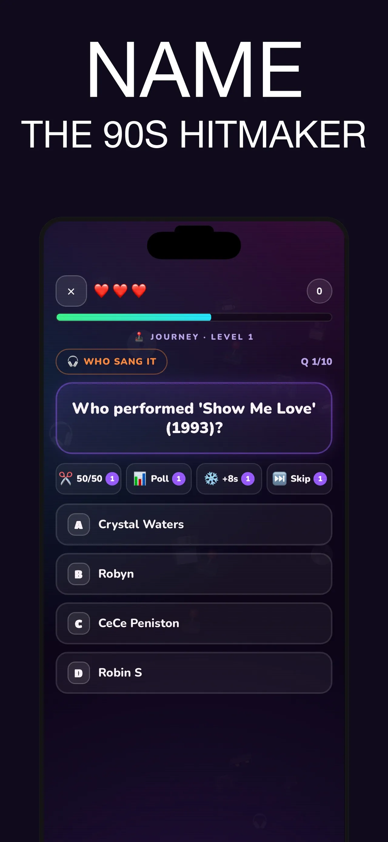 90s Trivia Quiz store picture: a Who Sang It question, 'Who performed Show Me Love (1993)?', with four answers and the 50/50, Poll, +8s and Skip lifelines