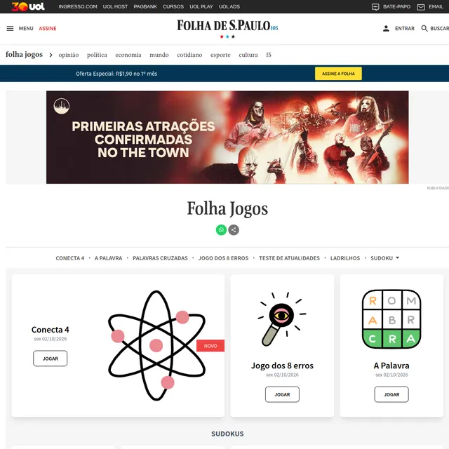 The Folha Jogos page with dated cards for Conecta 4, Jogo dos 8 erros and A Palavra, whose icon shows a letter grid