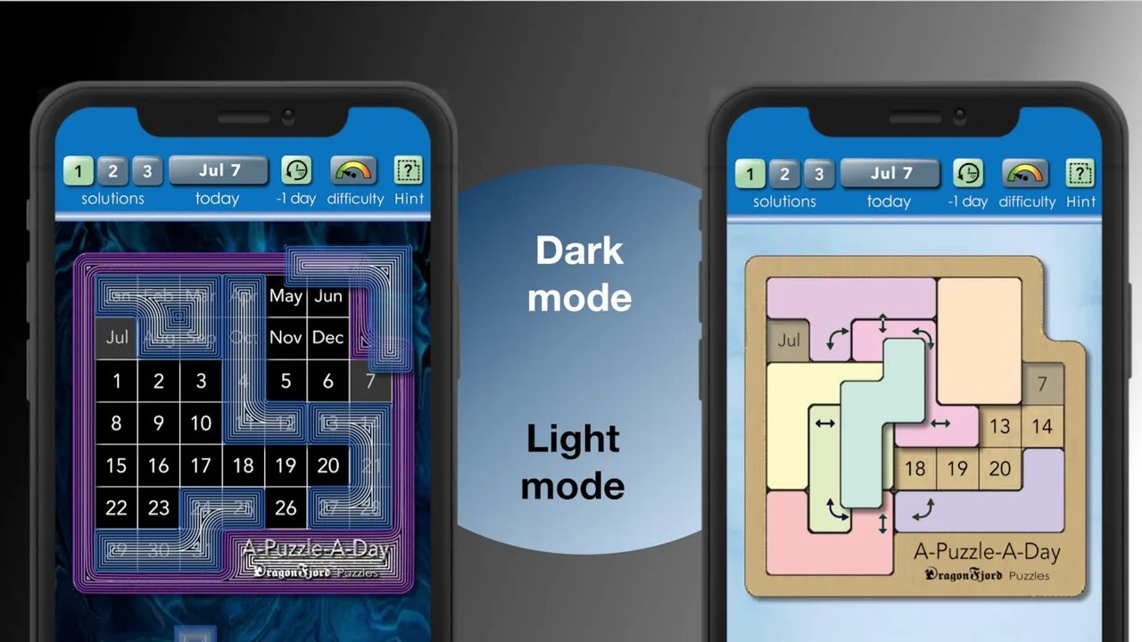 A-Puzzle-A-Day in the app, dark and light mode side by side: the Jul 7 board with pieces being turned into the calendar frame