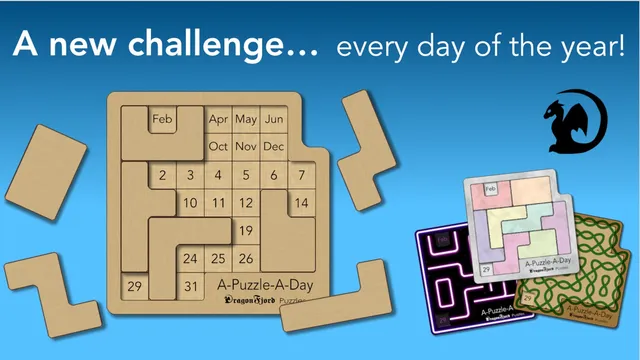 A-Puzzle-A-Day store art: a wooden calendar board with pieces placed around the months and days, under A new challenge every day of the year, with themed sets beside it