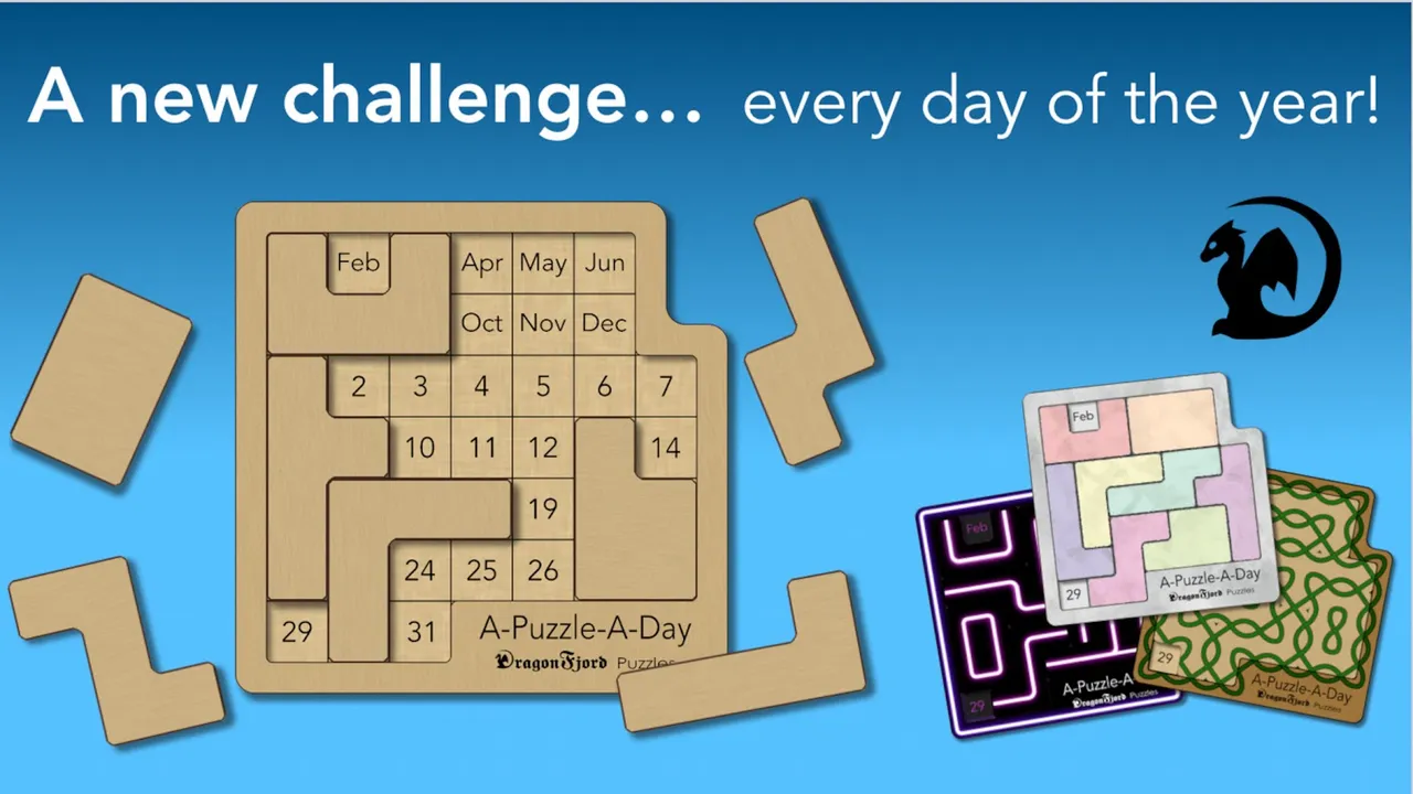 A-Puzzle-A-Day store art: a wooden calendar board with pieces placed around the months and days, under A new challenge every day of the year, with themed sets beside it
