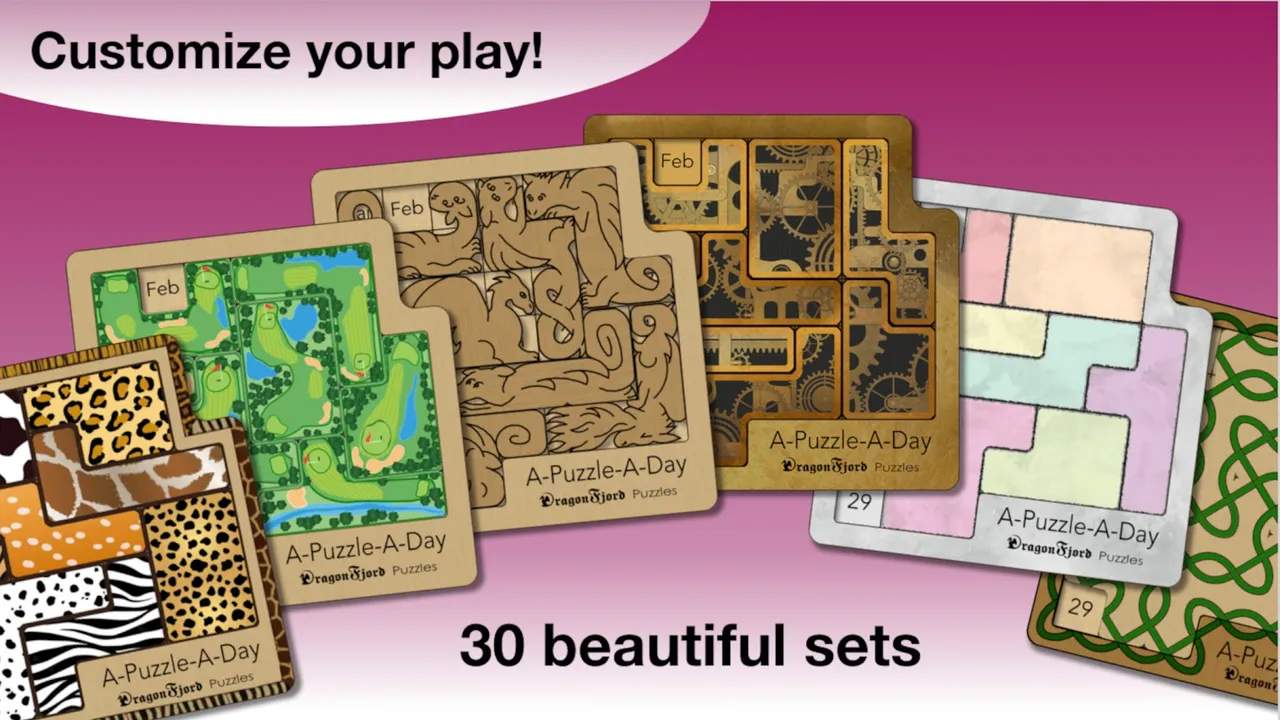 A-Puzzle-A-Day store art showing themed boards: animal prints, a golf course, carved animals, steampunk gears and pastel pieces