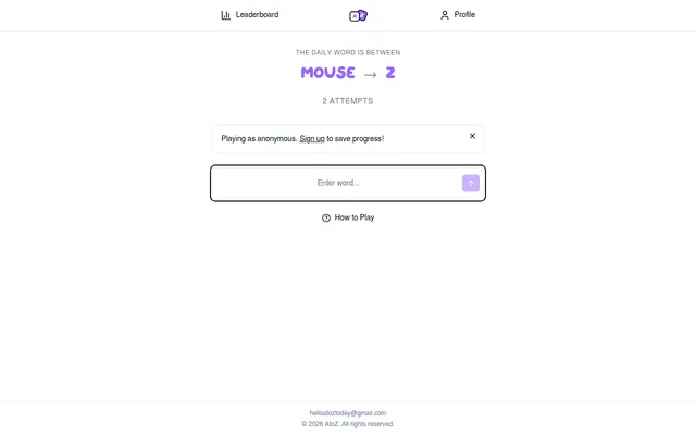 Today's A to Z Today board after two guesses: the daily word is between MOUSE and Z, 2 attempts, with the word box below