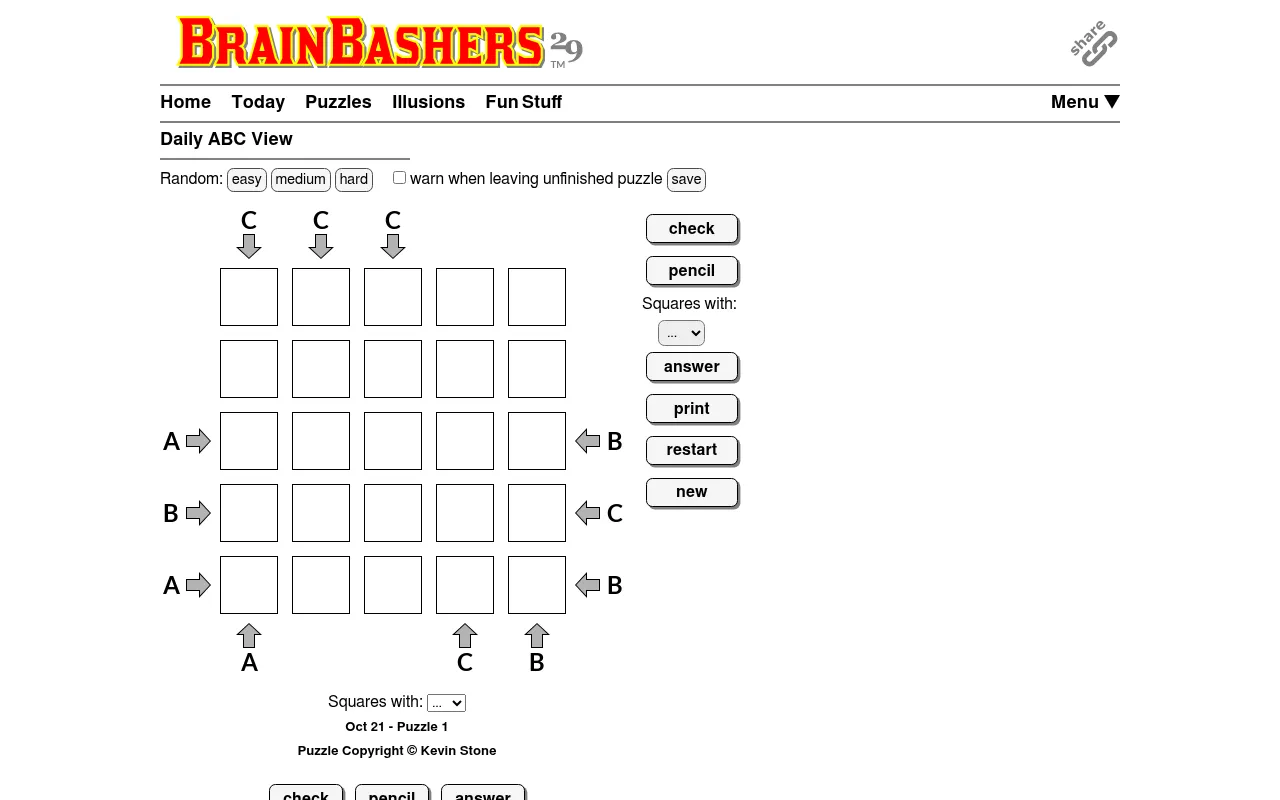 BrainBashers ABC View for 21 October, Puzzle 1: an empty 5x5 grid with A, B and C clues and arrows on its edges, beside the check, pencil and answer buttons