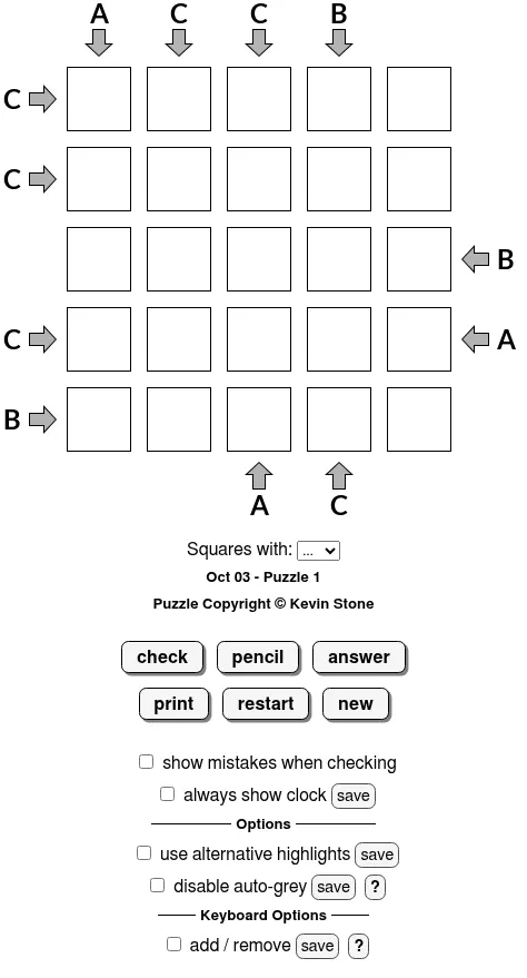 BrainBashers ABC View for 3 October, Puzzle 1: an empty 5x5 grid with letter clues A, B and C and arrows around its edges