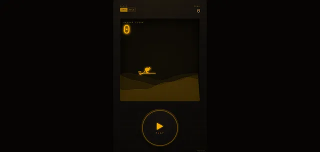 Acrobeat's game screen: a glowing jerboa on the ground floor of the staircase, a level counter and a round play button