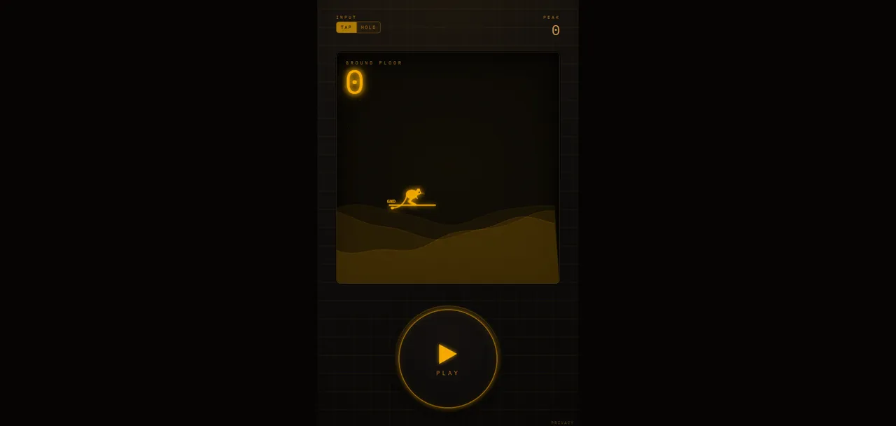Acrobeat's game screen: a glowing jerboa on the ground floor of the staircase, a level counter and a round play button