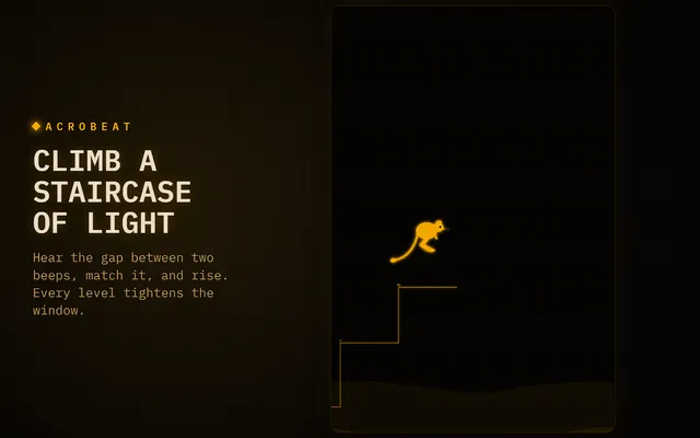 Acrobeat in play, from its Google Play listing: a glowing jerboa leaps above a staircase of light beside the line Climb a staircase of light