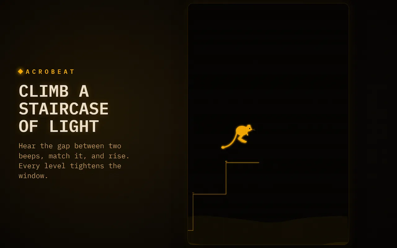 Acrobeat in play, from its Google Play listing: a glowing jerboa leaps above a staircase of light beside the line Climb a staircase of light