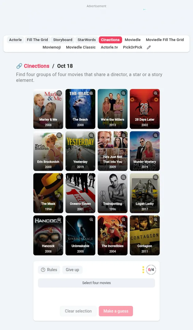 The Cinections board for Oct 18: sixteen film posters in a four by four grid, from Marley & Me and The Beach to Contagion, with the Make a guess panel below