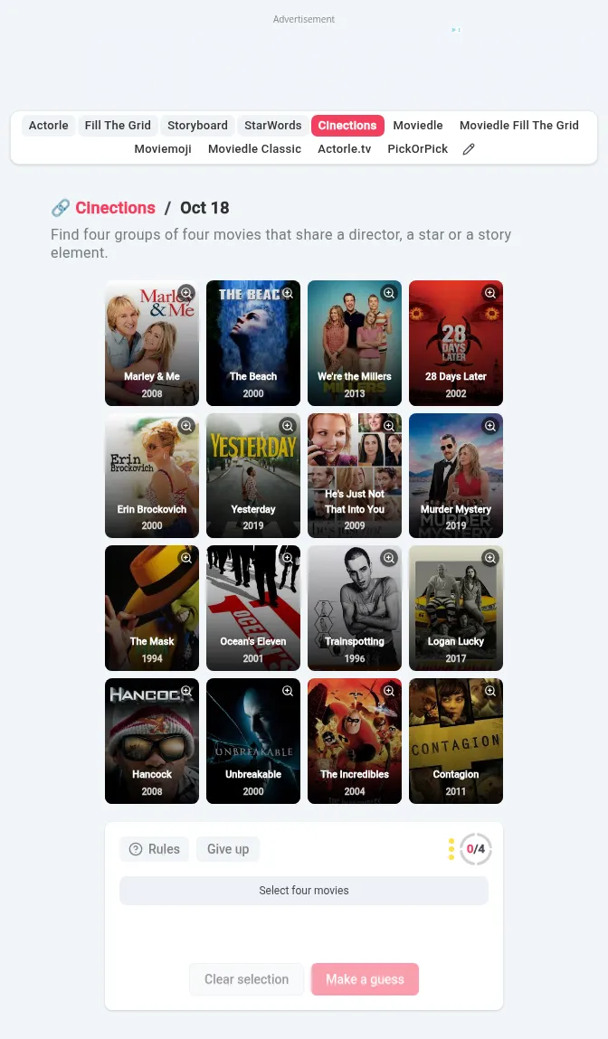The Cinections board for Oct 18: sixteen film posters in a four by four grid, from Marley & Me and The Beach to Contagion, with the Make a guess panel below