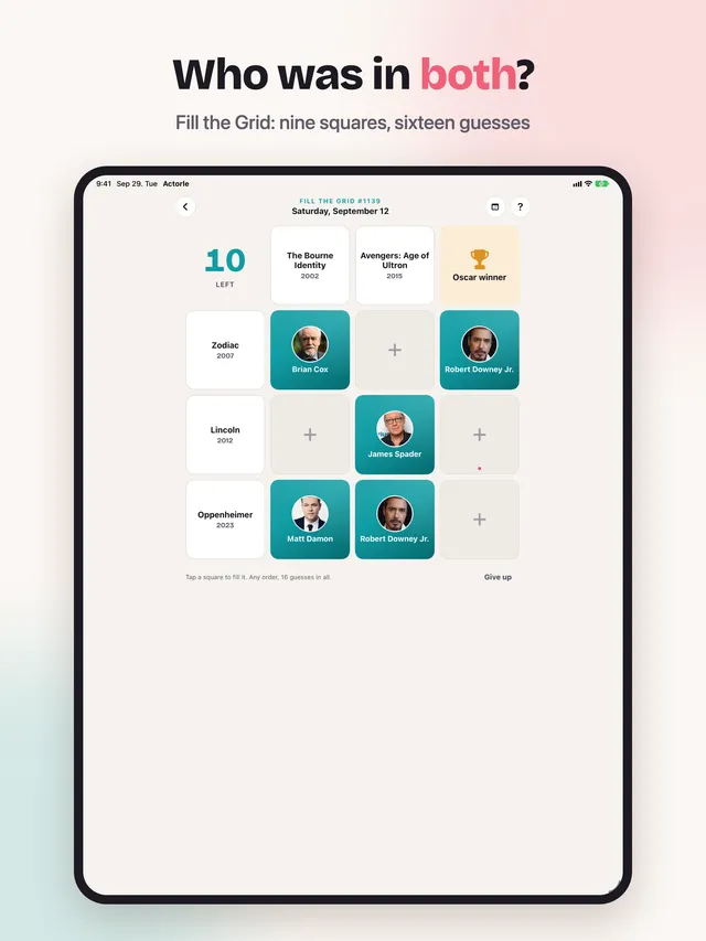 Fill The Grid #1129 on an iPad: films down the side and across the top, with actors' photos in the solved squares and ten guesses left