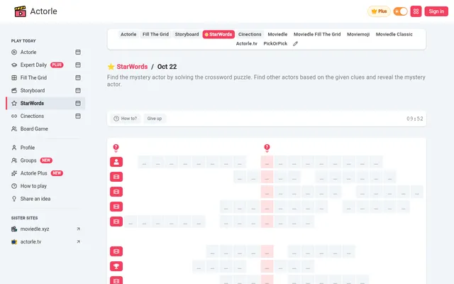 The StarWords puzzle for Oct 22 on Actorle: rows of empty actor-name cells with film, role and trophy clue icons, the pink column that spells the mystery actor, and the 10-minute timer at 9:52
