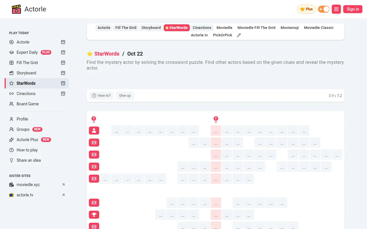 The StarWords puzzle for Oct 22 on Actorle: rows of empty actor-name cells with film, role and trophy clue icons, the pink column that spells the mystery actor, and the 10-minute timer at 9:52