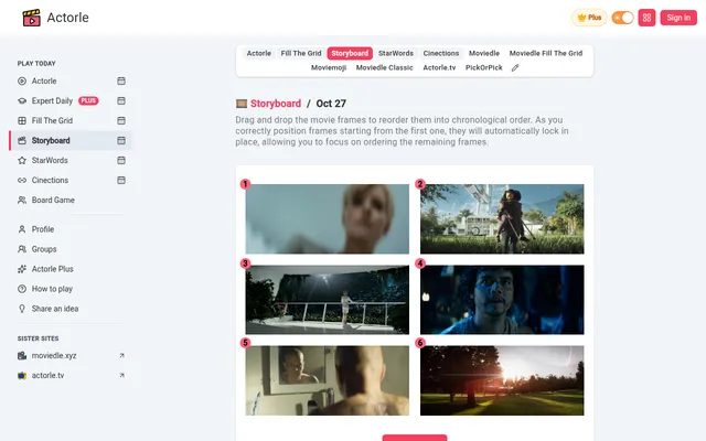 Storyboard on desktop for 27 October 2026: six numbered frames from the day's film, waiting to be put in order
