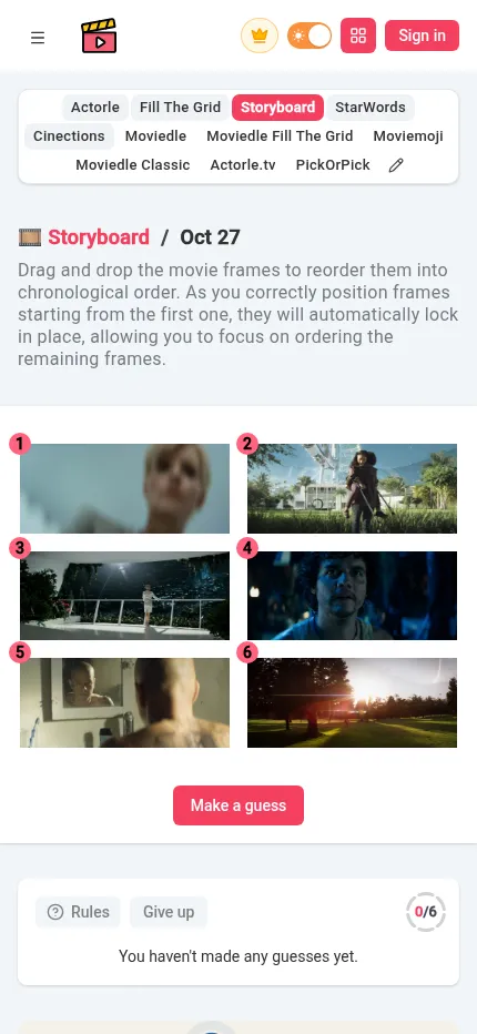 Storyboard on a phone for 27 October 2026, with six frames, the Make a guess button and a 0/6 guess counter