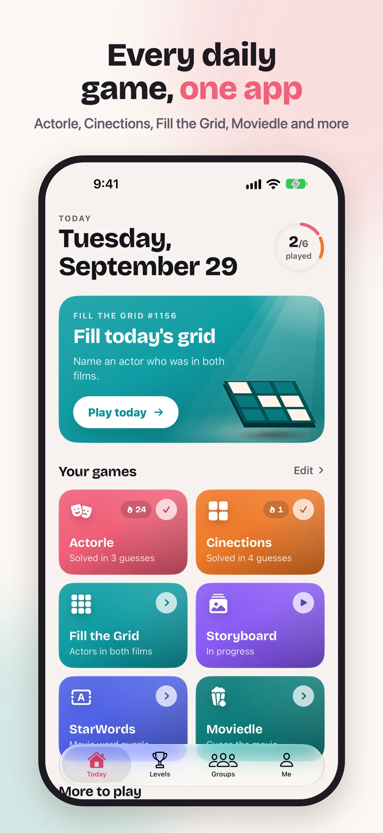 The Actorle app's Today screen listing Actorle, Cinections, Fill the Grid, Storyboard, StarWords and Moviedle