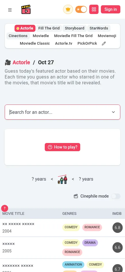 Actorle at phone size on 27 October 2026: the search box above a list of masked film titles with their years, genre tags and IMDb ratings