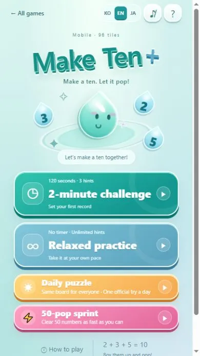 Addition Rush main menu showing the 2-minute challenge, Relaxed practice, Daily puzzle (same board for everyone, one official try a day) and 50-pop sprint