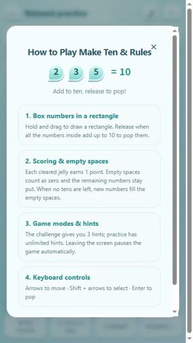 Addition Rush how to play screen: box numbers in a rectangle that add up to 10, scoring, game modes and keyboard controls