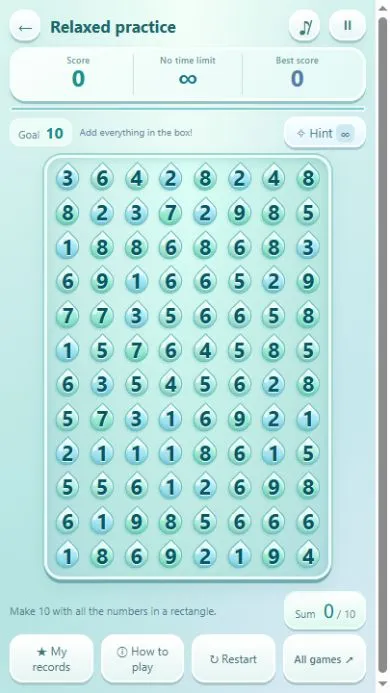 Addition Rush board on a phone: a grid of numbered drops with goal 10 and a sum counter at 0 of 10