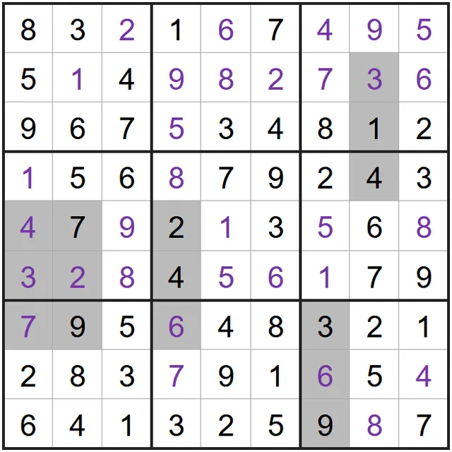 A solved example Addition Sudoku from PuzzleMadness's rules: a full 9x9 grid with grey blocks such as 47 + 32 = 79 and 3 + 1 = 4