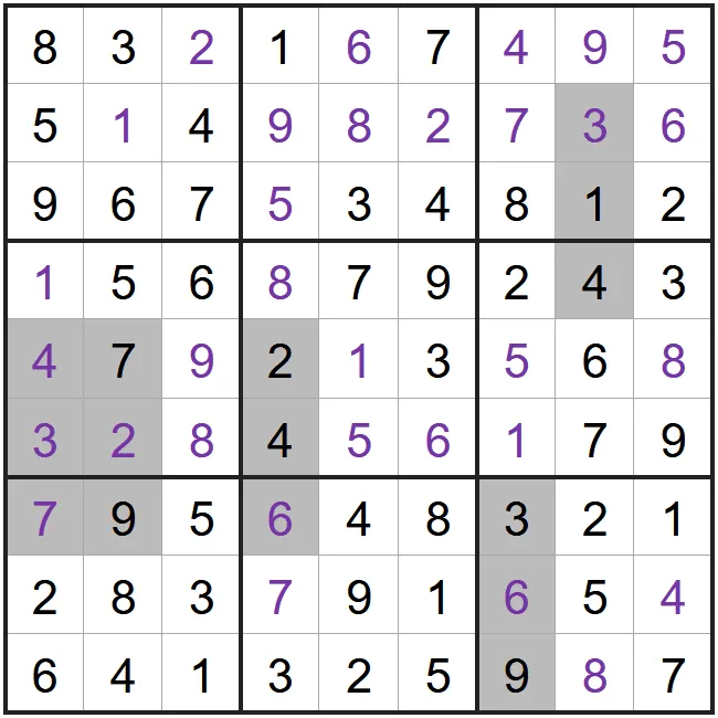 A solved example Addition Sudoku from PuzzleMadness's rules: a full 9x9 grid with grey blocks such as 47 + 32 = 79 and 3 + 1 = 4