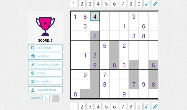 Today's Medium Addition Sudoku on PuzzleMadness (27 Oct 2026) with one digit entered: a 9x9 grid with grey addition blocks, the score panel and number buttons