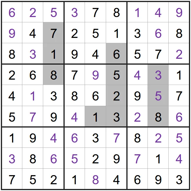 A second solved Addition Sudoku example from PuzzleMadness's rules, with three grey addition sums