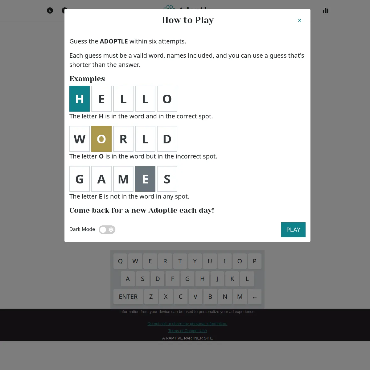 The Adoptle How to Play box with example rows HELLO, WORLD and GAMES showing a teal tile for a correct letter, a gold tile for a misplaced letter and a grey tile for a missing letter, over the on-scre