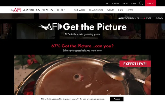AFI Get the Picture's daily puzzle: an Expert Level film still of an eyeball in a bowl of soup, under the line 67% Got the Picture, can you?