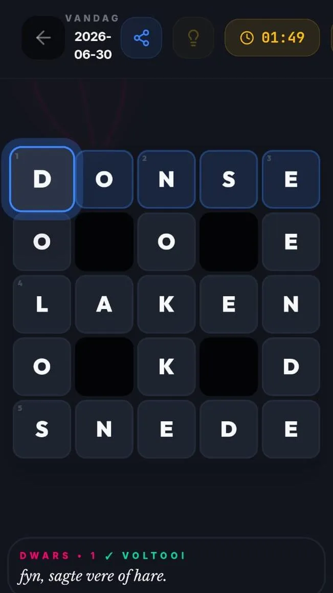 An AfriMienie 5x5 crossword dated 2026-06-30, filled with DONSE, LAKEN and SNEDE across, a timer at 01:49 and the clue 'fyn, sagte vere of hare' for 1 across