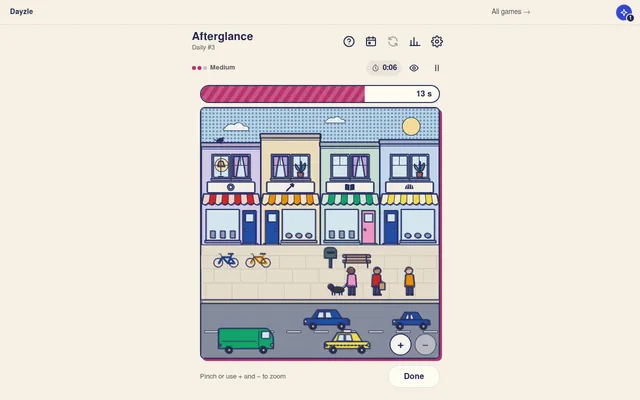 Afterglance Daily #3 during the look: a street of four shops with coloured awnings, bikes, three people and a dog, and cars and a van, under a 13 s countdown