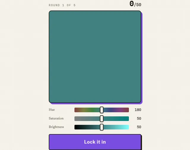 Afterglow round 1 of 5 in play: after the day's colour has vanished, the card shows the player's own mix (a teal) set with hue, saturation and brightness sliders above a Lock it in button, score 0 of