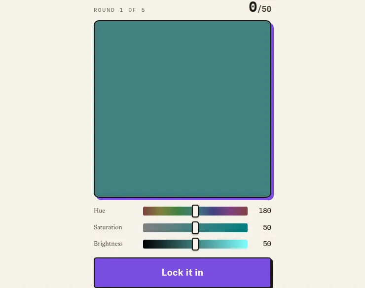 Afterglow round 1 of 5 in play: after the day's colour has vanished, the card shows the player's own mix (a teal) set with hue, saturation and brightness sliders above a Lock it in button