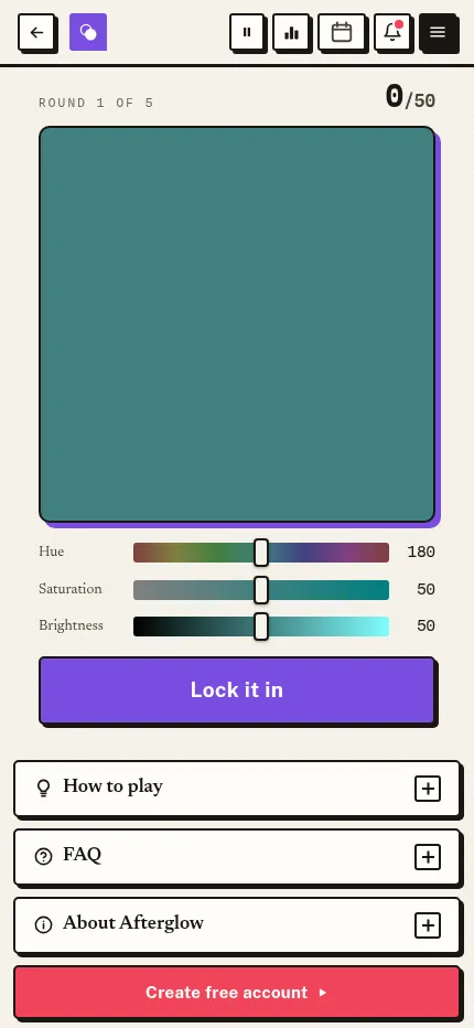 Afterglow on a phone: round 1 of 5 with the colour card, hue, saturation and brightness sliders and the Lock it in button filling the narrow screen