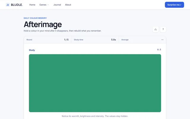 Afterimage round 1 of 5 on 27 October 2026: the day's first colour, a sea green, fills the study panel during its five-second look