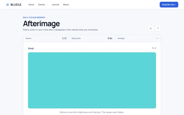 Afterimage round 1 of 5: the study phase, with a turquoise colour filling the panel as the countdown runs