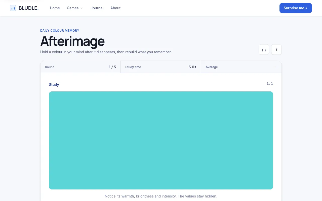 Afterimage round 1 of 5: the study phase, with a turquoise colour filling the panel as the countdown runs
